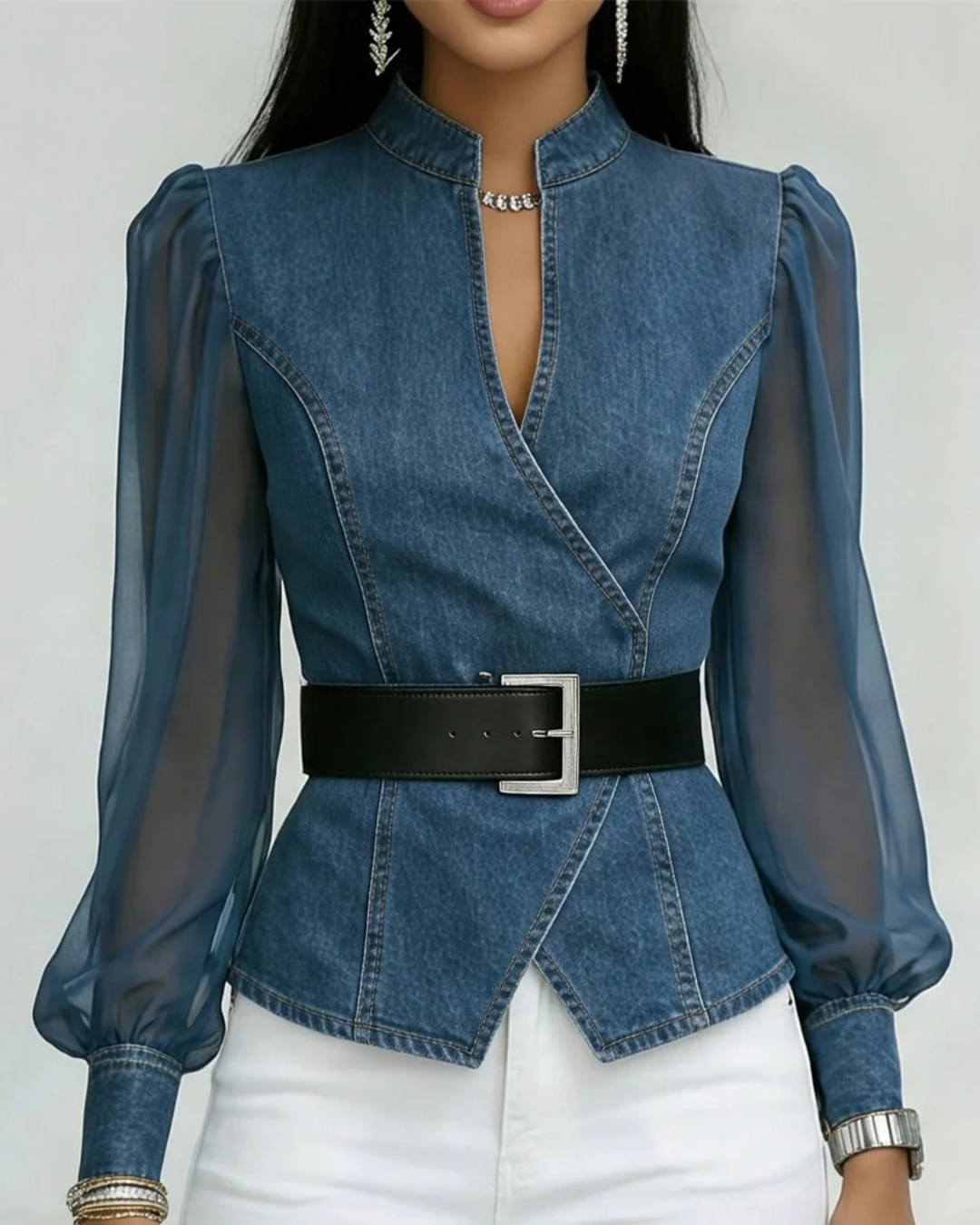 Vessa™ | Haut en denim avec manches en chiffon