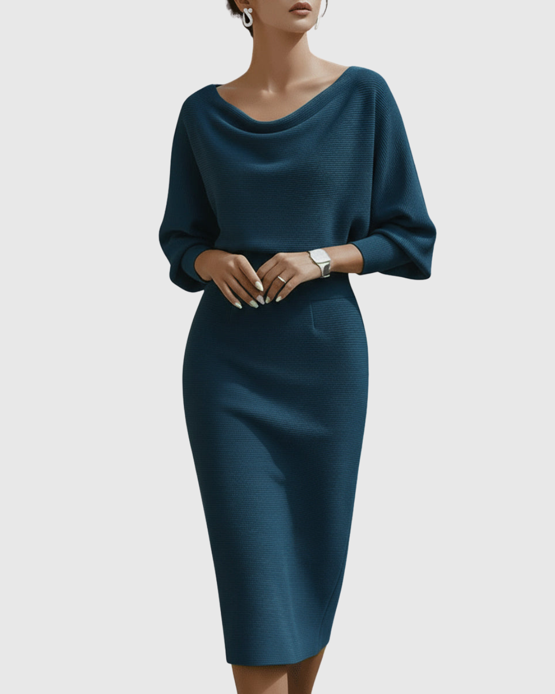 Ismeria | Robe Midi Drapée à Manches Chauve-Souris Blanche