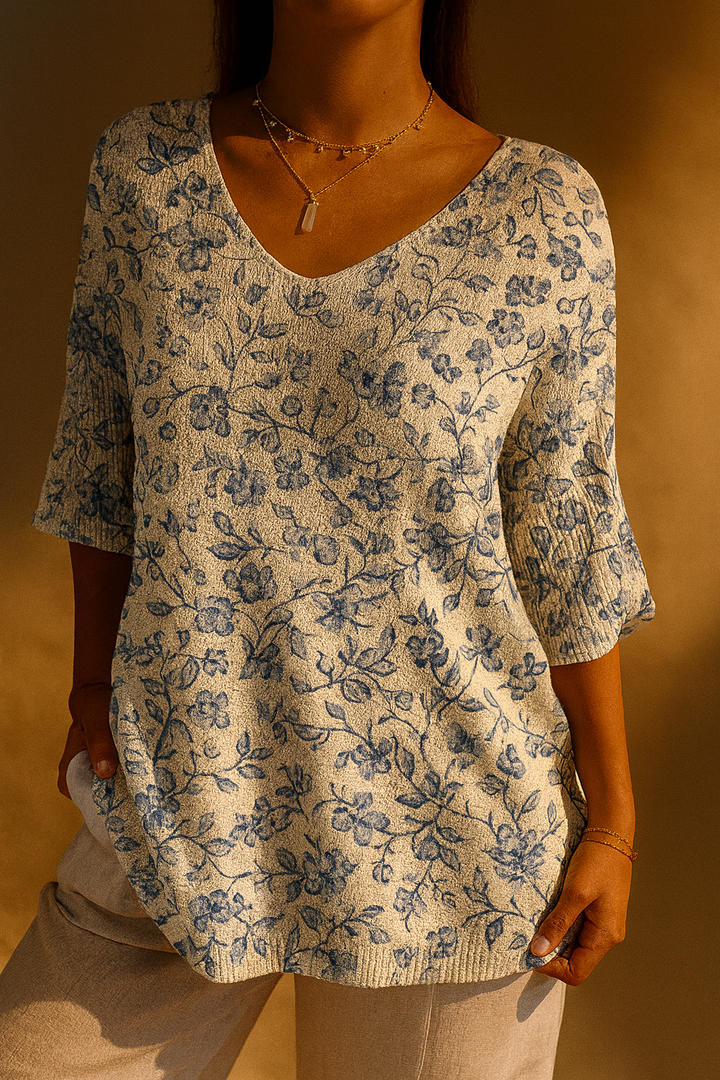 Pull décontracté en tricot avec motif floral bleu pour femmes