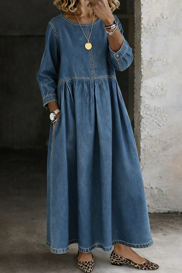Melissa | Robe en Jean à Col Rond et Manches Longues