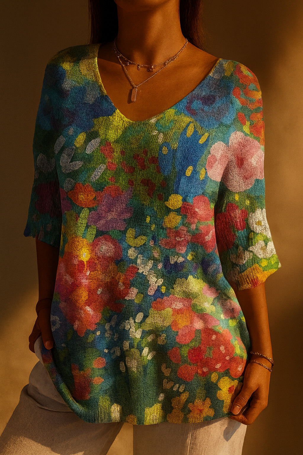 Pull vintage en tricot à motif floral pour femmes