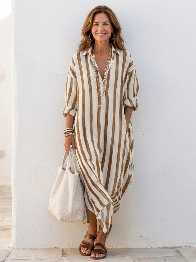 Naomi | Robe chemise mi-longue élégante et confortable à manches longues et rayures