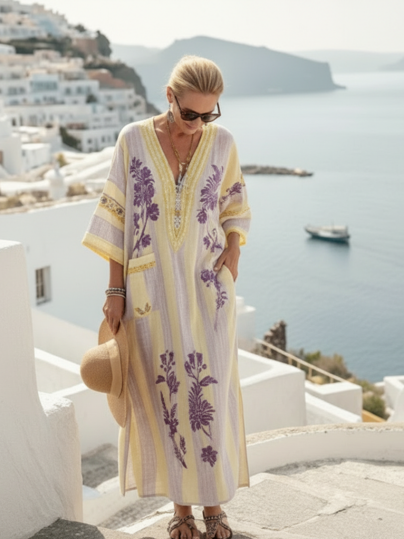 Aurelia | Robe longue élégante et fluide à rayures et motifs floraux, col en V et manches courtes
