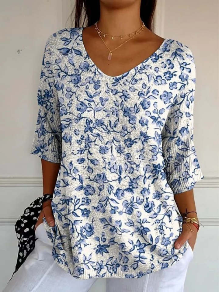 Pull décontracté en tricot avec motif floral bleu pour femmes