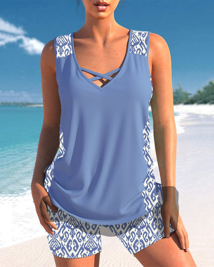 Tankinis avec motif géométrique et décolleté en V