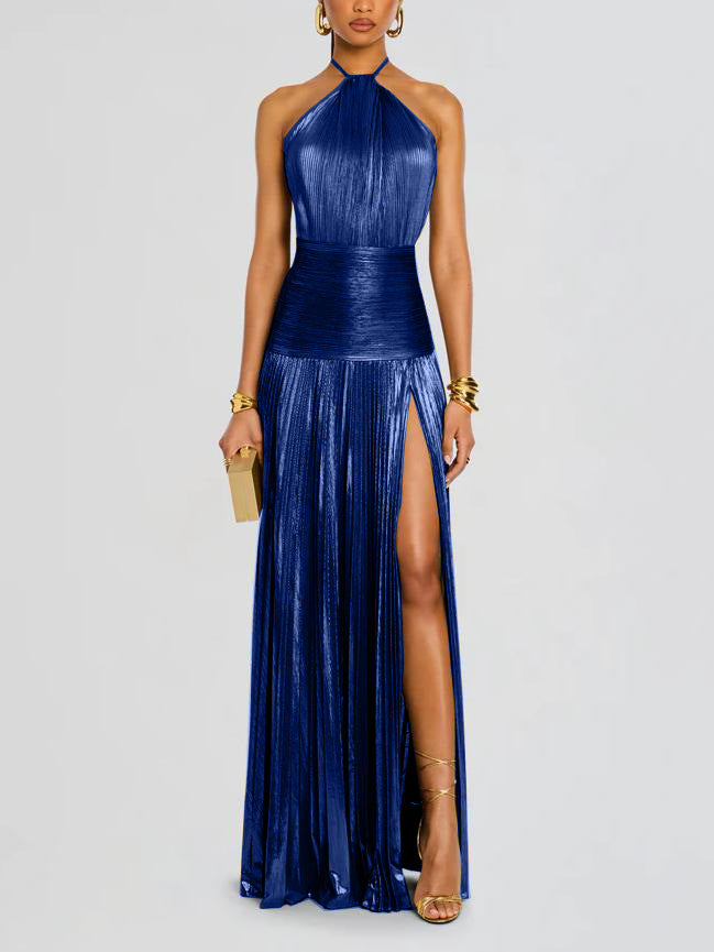 Robe Halter Plissée Métallique Tendance