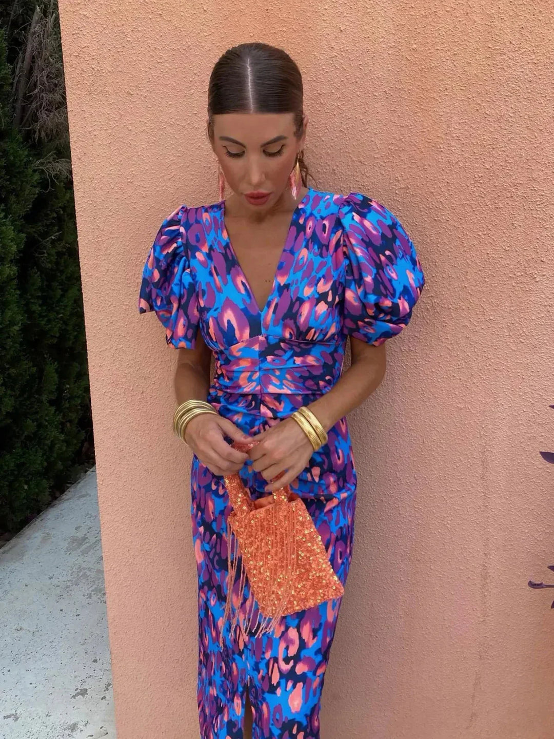 Laluna | Robe Colorée avec Manches Plissées