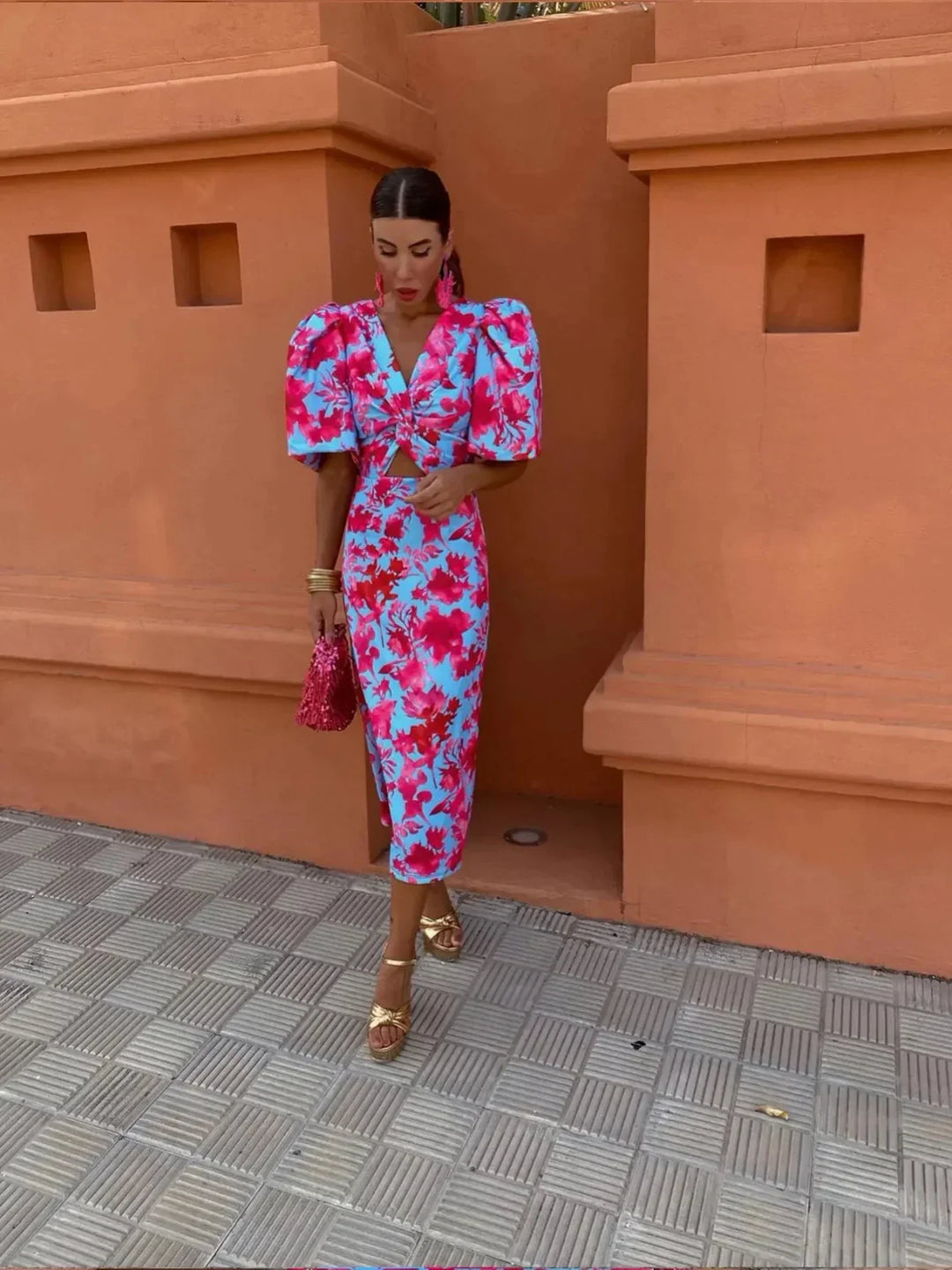 Laluna | Robe Colorée avec Manches Plissées