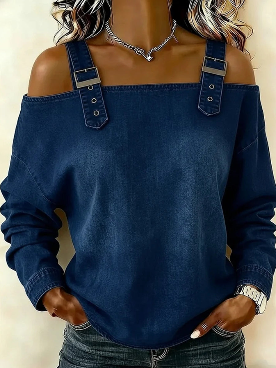Sandra | Haut en denim à manches longues dénudées